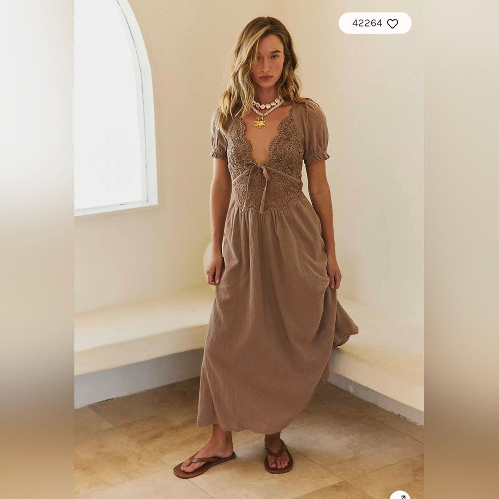 Free People Taupe Lace-Front Maxi Dress